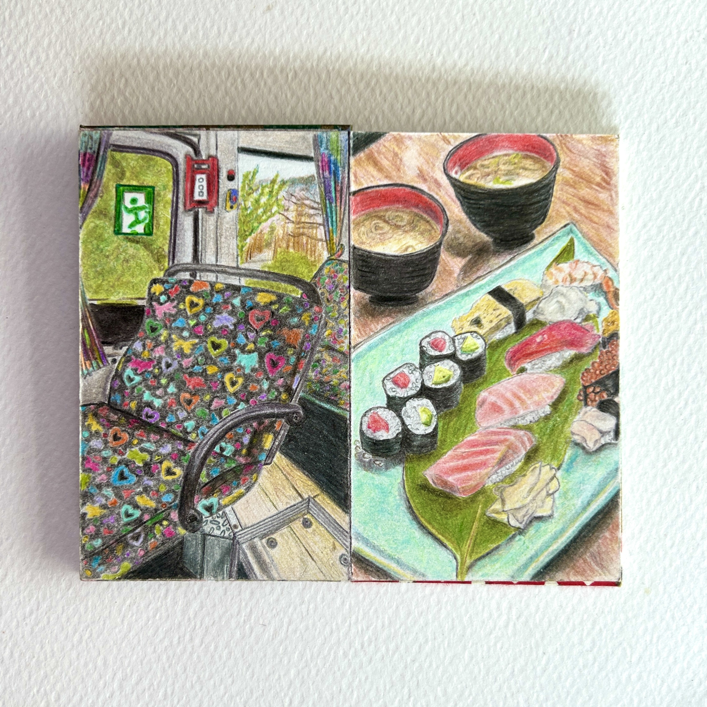 two colour pencil drawings, one of a chair in a bus seen in Fuji Kawaguchiko, Japan; the other, a plate of sushi with bowls of miso soup in Tokyo, Japan
